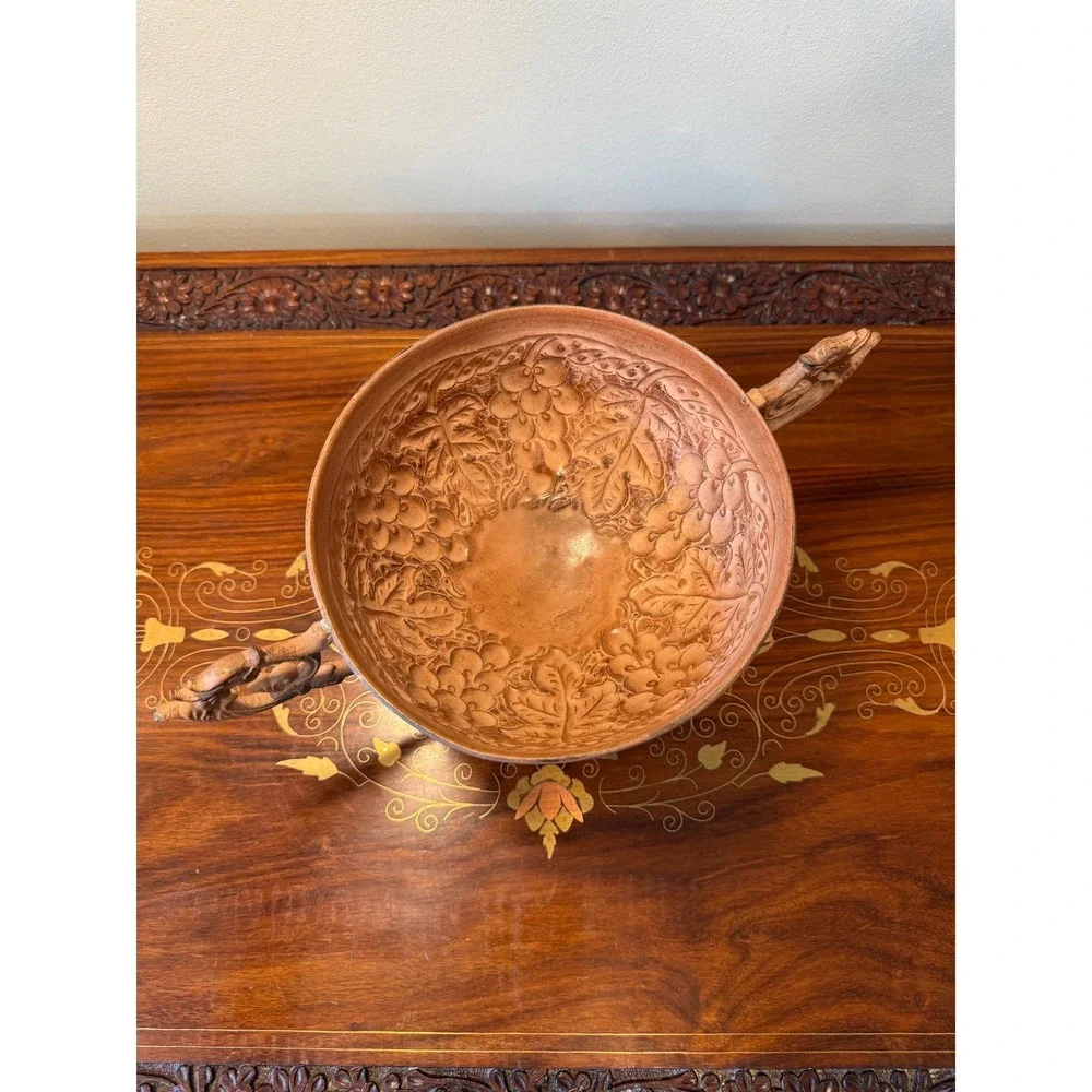 Vintage Copper-Tone Pedestal‎ Bowl with Dragon Handles
